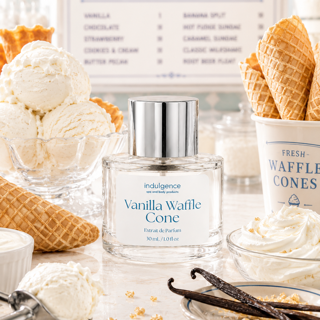 Perfume bottle labeled 'Vanilla Waffle Cone' with ice cream and waffle cones in the background.