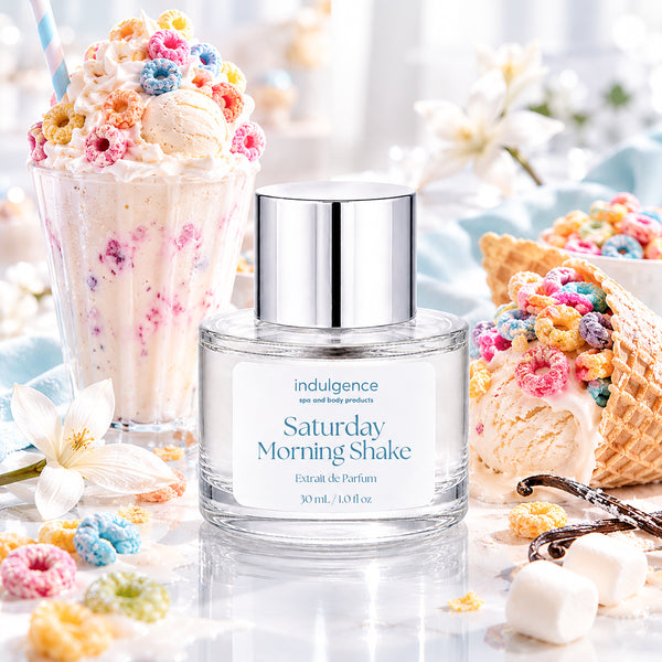 Perfume bottle labeled 'Saturday Morning Shake' with ice cream and waffle cone in the background