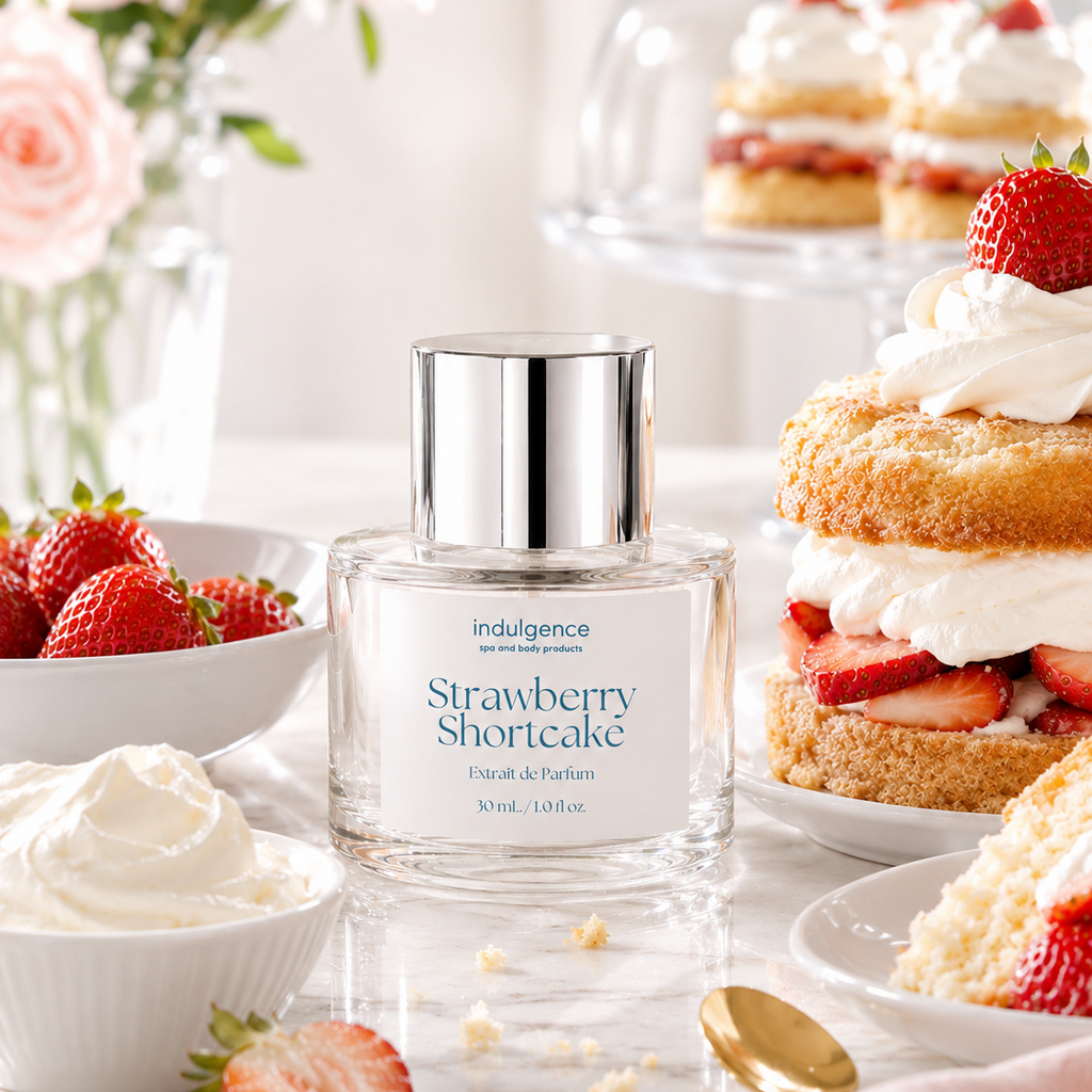 Perfume bottle labeled 'Strawberry Shortcake' surrounded by strawberry shortcake dessert and flowers.
