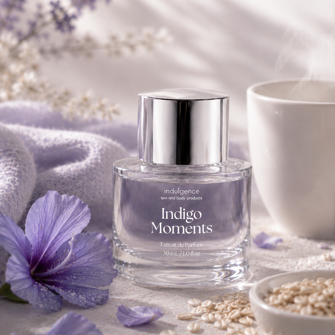 Indigo Moments perfume bottle with lavender flowers and a cup on a soft background