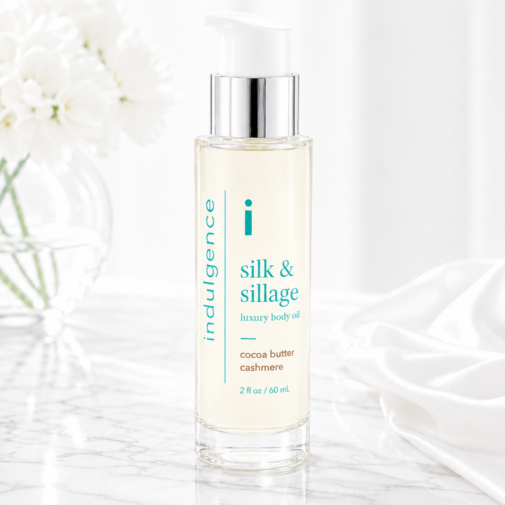 Bottle of Indulgence Silk & Sillage body oil on a white background with flowers.