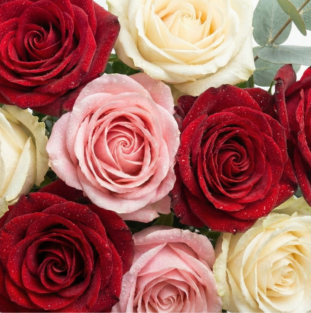 Bouquet of red, pink, and white roses with green leaves on a light background