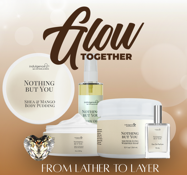 Cosmetic products with 'indulgence' branding on a warm gradient background