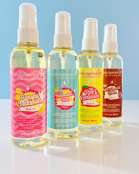 Colorful picture of 4 scented Body Oil