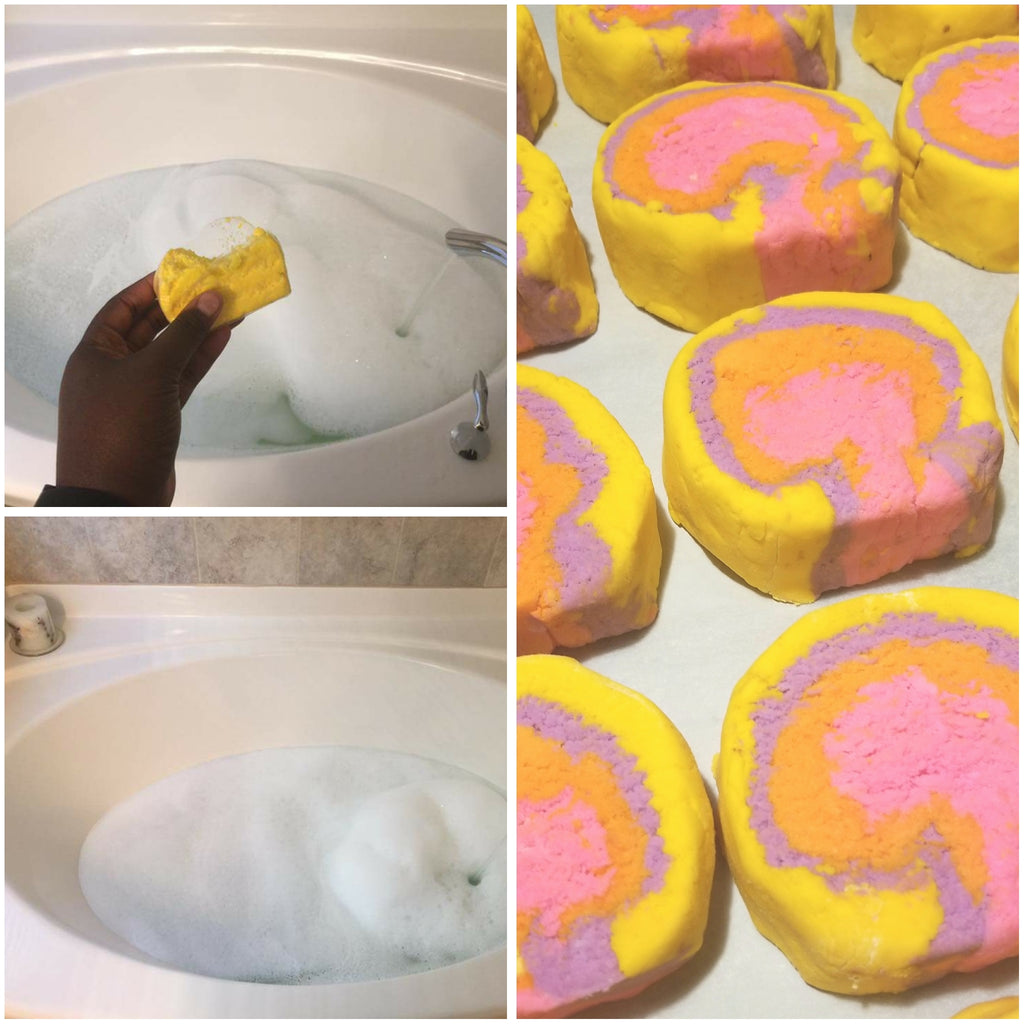 Picture of customer holding Bubble Cake showing bubbles in the bathtub